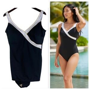 Vtg Longitude Sz 16 XL 1X Swimsuit One Pc. Black Slimming Classic Retro